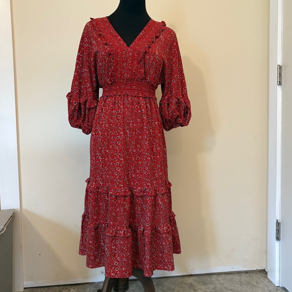 Max Studio Boho Empire Waist Floral Prairie Dress Dark Red White Size Small